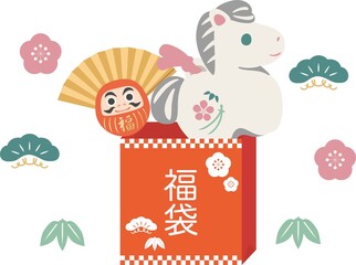 年賀2026　午年　年賀状　新春セール素材　福袋と縁起物（馬の土鈴と達磨）　和風イラスト素材