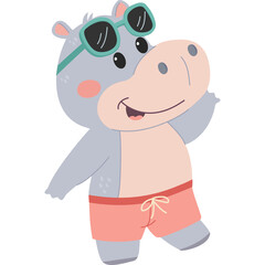 Cute Cartoon Hippopotamus Wearing Sunglasses and Pink Shorts Waving Hello On Transparent Background In Playful Pose