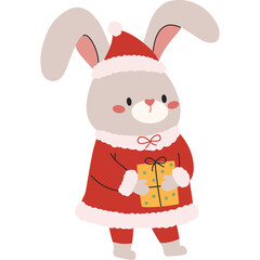 Cute cartoon bunny wearing a festive red santa claus suit and hat holding a yellow gift box with a red ribbon in a transparent background illustration