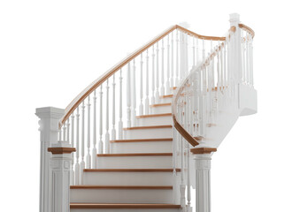 Elegant stairway white balusters, light wood rail