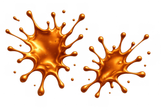 Caramel splash drops creating liquid stain shapes, golden sauce splattering on transparent background