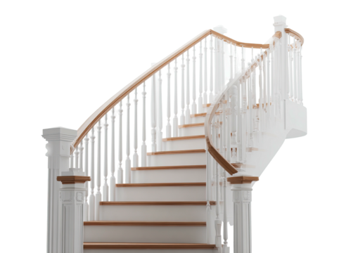 Elegant stairway white balusters, light wood rail