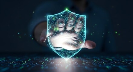 Cyber security concept, digital shield protecting data with glowing network and hand.