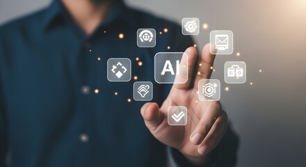 Mans hand touching a glowing ai icon surrounded by other digital interface icons.