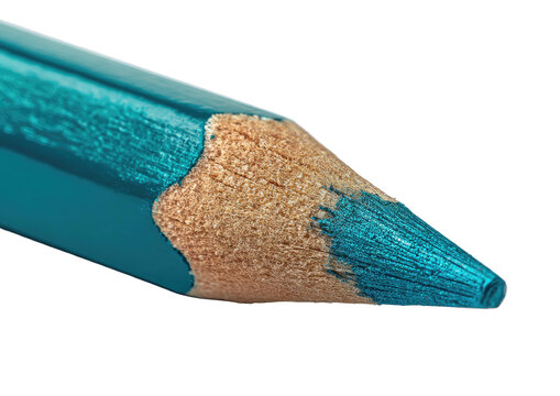 Sharpened teal pencil point close-up on stark black background