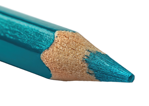 Sharpened teal pencil point close-up on stark black background