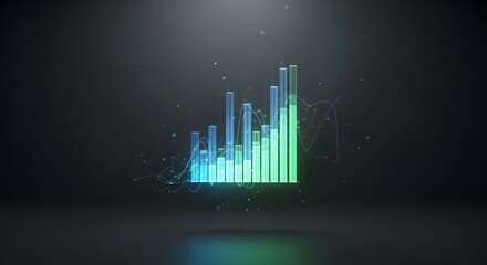 Abstract 3d bar chart with glowing particles and data visualization.