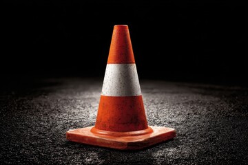 A single bright orange safety cone on asphalt against black
