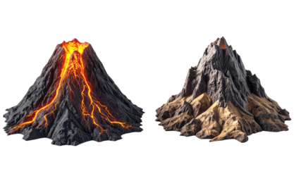 Active and dormant volcano pair isolated on transparent background