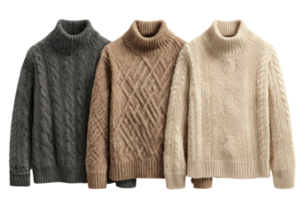 Three textured turtleneck sweaters in neutral colors, cozy