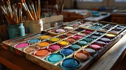 Watercolor paint palette with brushes and art supplies on display