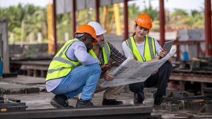 Engineers wearing helmets and vests at construction sit analyzing building plans work environment...