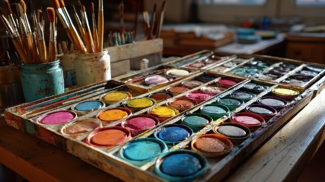 Watercolor paint palette with brushes and art supplies on display