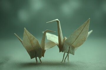 Obraz premium Origami Cranes Standing Together in a Serene Atmosphere