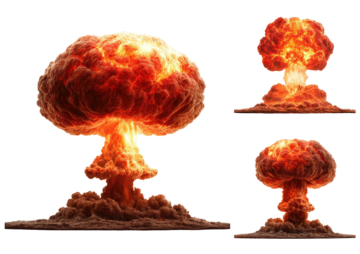 Three mushroom cloud explosions, orange, red, brown hues