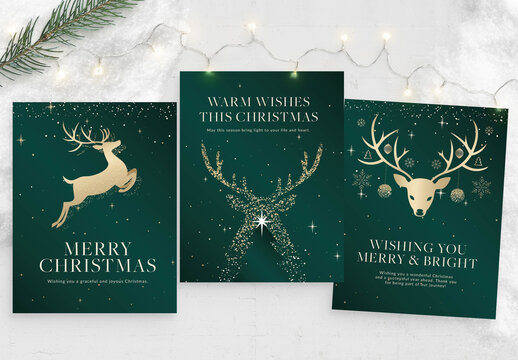 Christmas Flyer Template with Reindeer, for Xmas, NYE & Happy New Year Events in Luxury Green & Gold