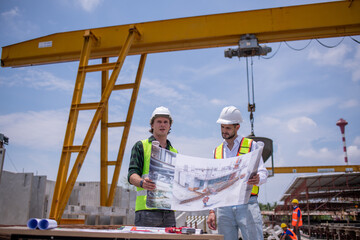 Engineers wearing safety helmets and reflective vests working construction site large overhead crane operation ensure efficient secure handling of heavy materials industrial engineering project.