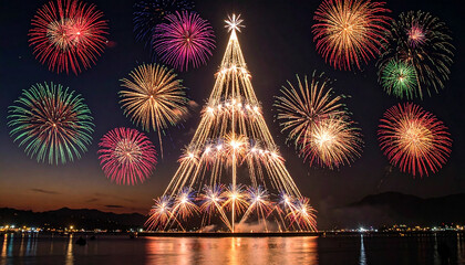 a composition of fireworks in the night sky forming a Christmas tree