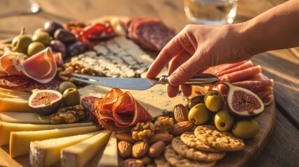 Hand slicing Camembert cheese on a gourmet charcuterie board with assorted meats, fruits, and nuts.