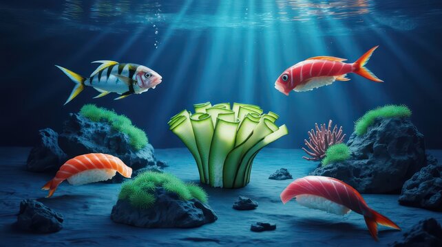 Surreal underwater world where sushi comes to life