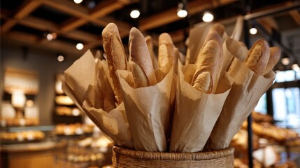 Close-Up of Baguettes in Basket at Bakery