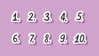 Colorful doodle number stickers checklist numbering. Cute list hand written numbers with dots. numbers font set isolated on white background.