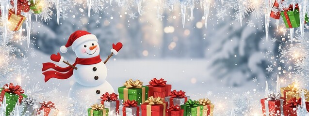 Smiling snowman and Christmas gifts framed by glittering icy branches and icicles on a snowy bokeh background.