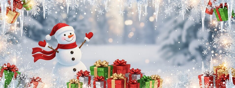 Smiling snowman and Christmas gifts framed by glittering icy branches and icicles on a snowy bokeh background.