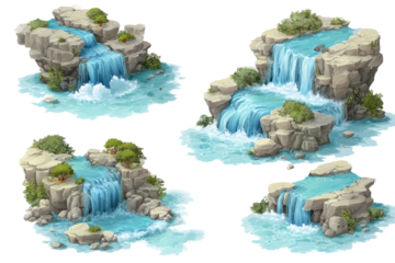 Four small cartoon waterfalls cascade over rocky outcrops