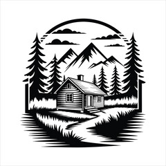 Fototapeta premium Wilderness cabin with tall pine trees vector illustration design