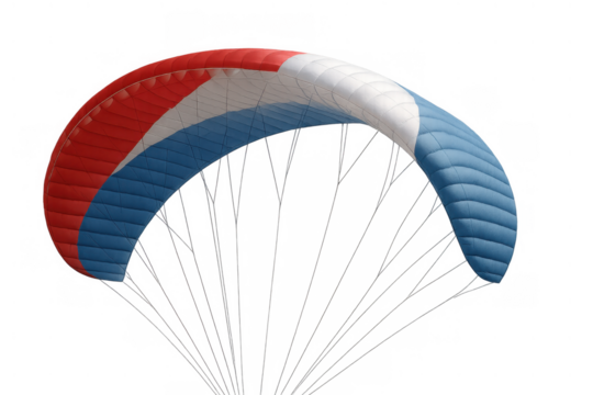 Paraglider canopy wing flying, red white and blue stripes, extreme air sport equipment, isolated on transparent background