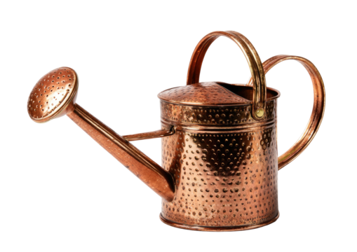 Shiny, copper-toned watering can against a stark black backdrop