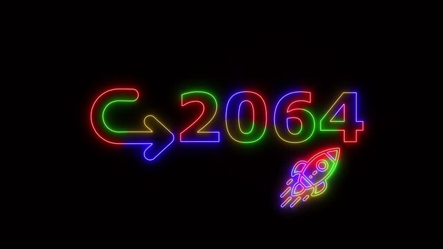 Neon glowing 4 ti neon color rocket launch with 2064 target goal symbol, futuristic business growth concept animation for Stuart success and achievement presentation