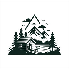 Obraz premium Cabin under mountain sunrise in forest vector design artwork