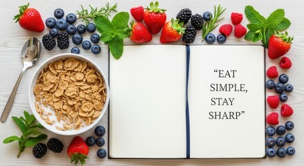 Obraz premium Breakfast Scene with Fresh Berries Bowl of Cereal and a Notebook