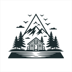Obraz premium Mountain forest cabin vintage travel badge vector illustration