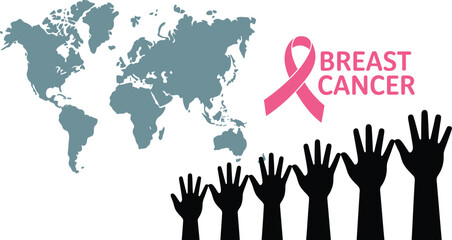Fototapeta premium Breast Cancer Awareness Global Support with Pink Ribbon and Uplifting Hands Silhouette