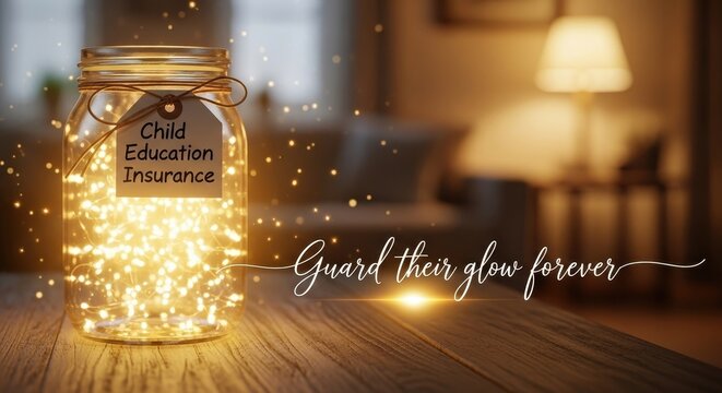 Glass Jar filled with glowing lights representing child education insurance