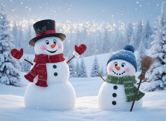 Obraz premium A cheerful pair of snowmen in a magical winter wonderland, celebrating the festive holiday season.