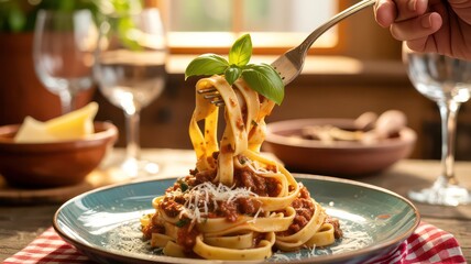 Forkful of fresh tagliatelle pasta with bolognese sauce and basil in warm sunlight.
