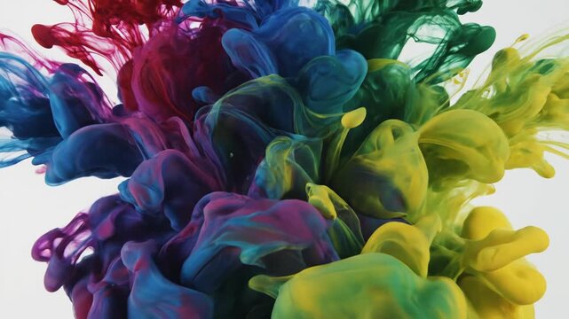 Colorful ink clouds swirling and exploding in water, abstract vibrant smoke effect footage