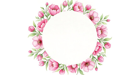 A charming watercolor illustration of a circular floral wreath with blooming pink flowers and gentle green leaves, perfect for spring greetings