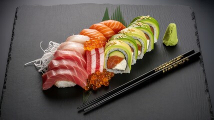 Gourmet sushi and sashimi platter with tuna, shrimp, and ikura on a reflective black background.
