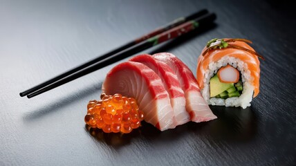 Gourmet sushi and sashimi platter with tuna, shrimp, and ikura on a reflective black background.