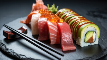 Gourmet sushi and sashimi platter with tuna, shrimp, and ikura on a reflective black background.