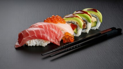 Gourmet sushi and sashimi platter with tuna, shrimp, and ikura on a reflective black background.