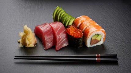 Gourmet sushi and sashimi platter with tuna, shrimp, and ikura on a reflective black background.