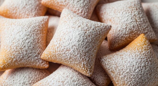Pile of freshly baked beignets dusted with powdered sugar, a classic new orleans treat