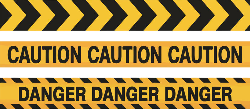 Three yellow warning tapes with black text design tape, warning, yellow, black, caution, danger, stripe, hazard, sign, safety, barrier, construction, alert, pattern, mark, boundary, zone, area, attent