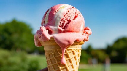 Melting scoop of strawberry ice cream in a waffle cone on a sunny day.
